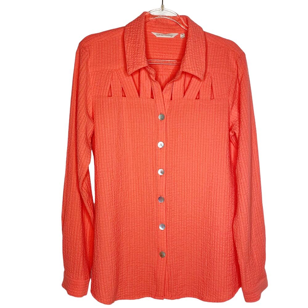 Soft Surroundings Womens Size XS Orange Peakaboo Cutout Blouse Crinkle Texture‎
